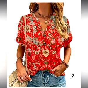 Camisa Red & Light gray Boho Medallion Button-Accent V-Neck Top Size M
